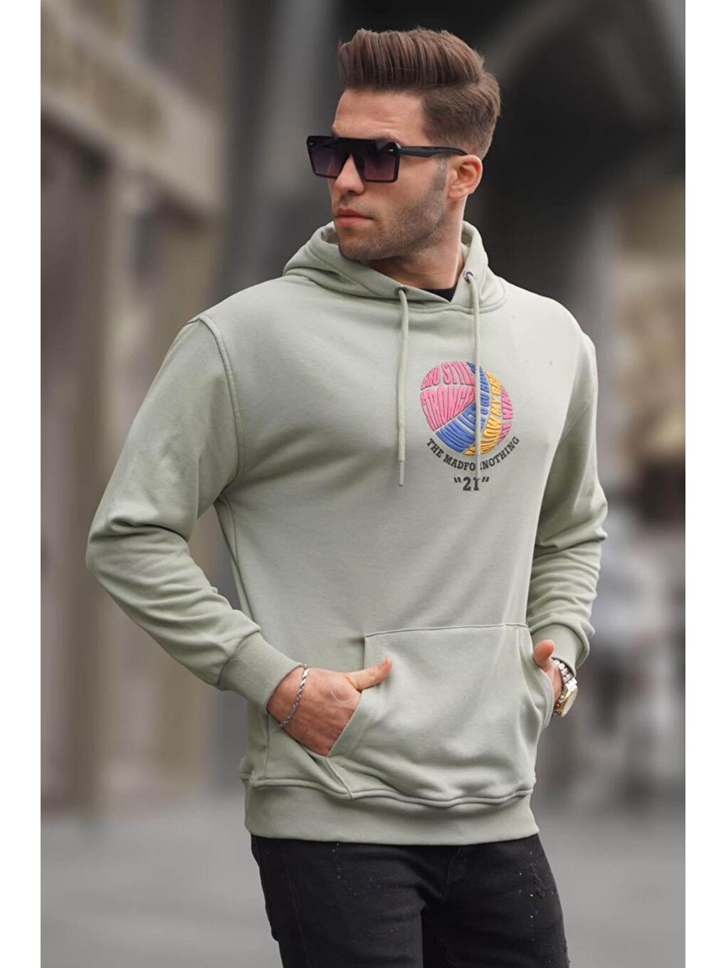 Mint Yeşili Kabartma Baskılı Kapüşonlu Erkek Hoodie 6042