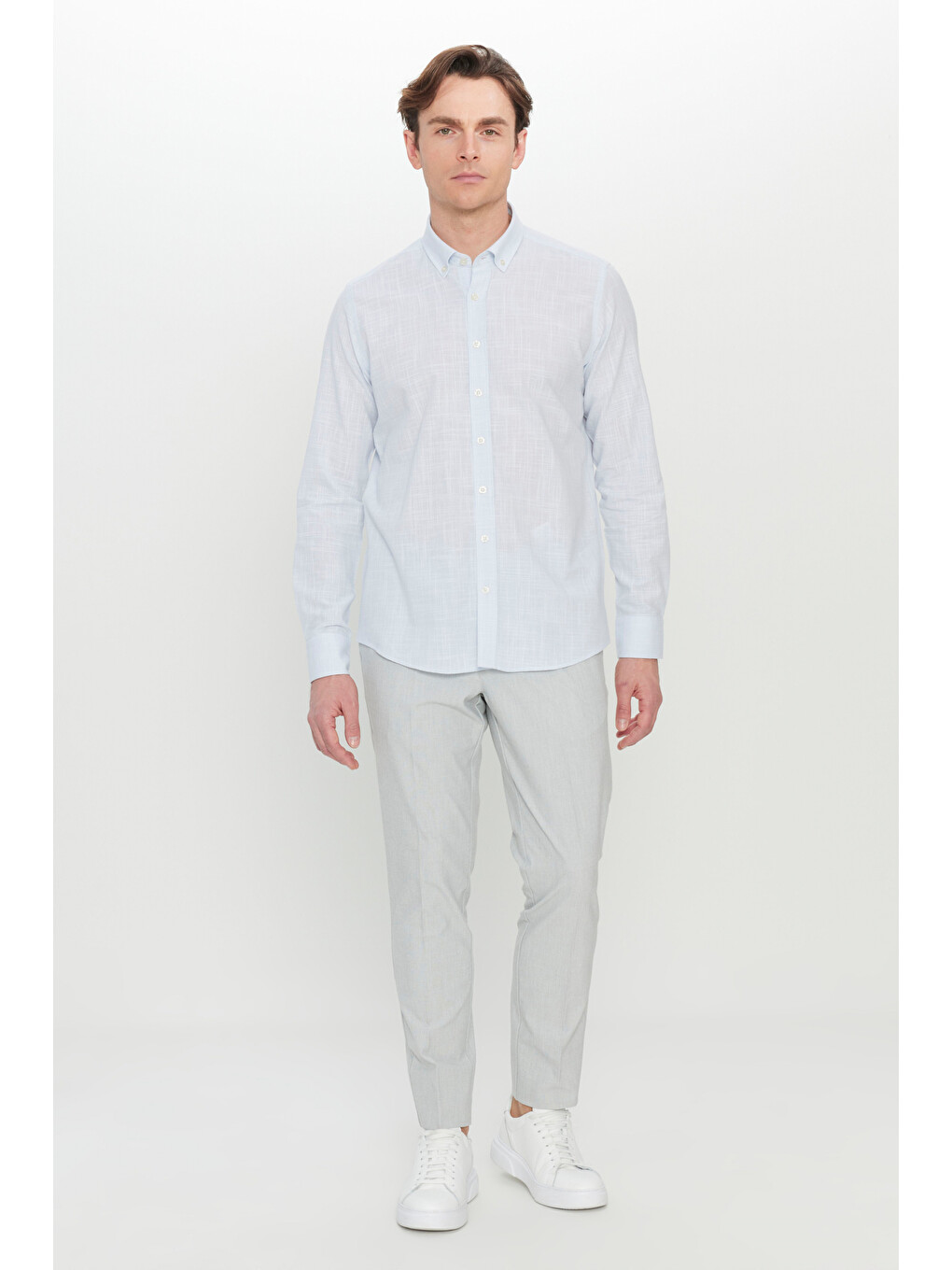 Erkek Mavi %100 Pamuk Slim Fit Düğmeli Yaka Armürlü Flamlı Gömlek-1