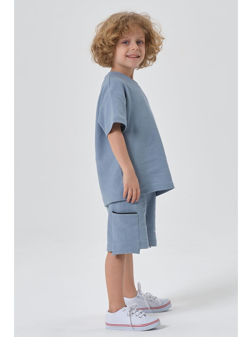 Mavi Erkek Çocuk Penye Waffle Kumaş Alt Üst Takım-4