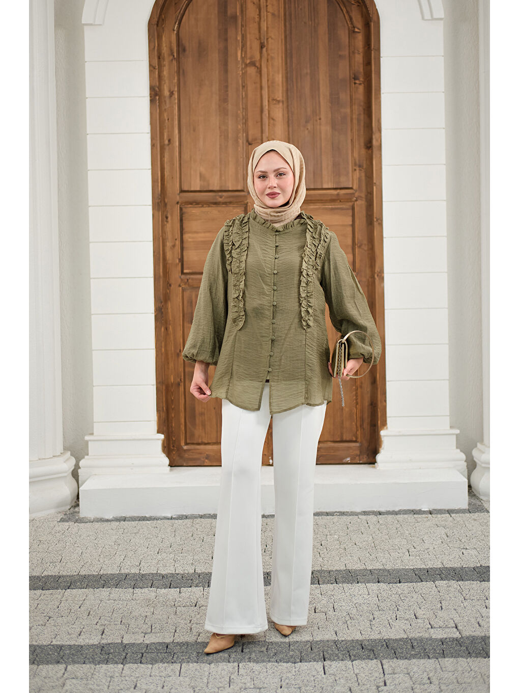Kadın Yaka Büzgülü Gömlek Haki Yeşil-4