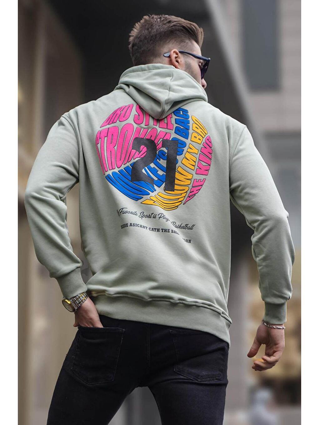 Mint Yeşili Kabartma Baskılı Kapüşonlu Erkek Hoodie 6042-1