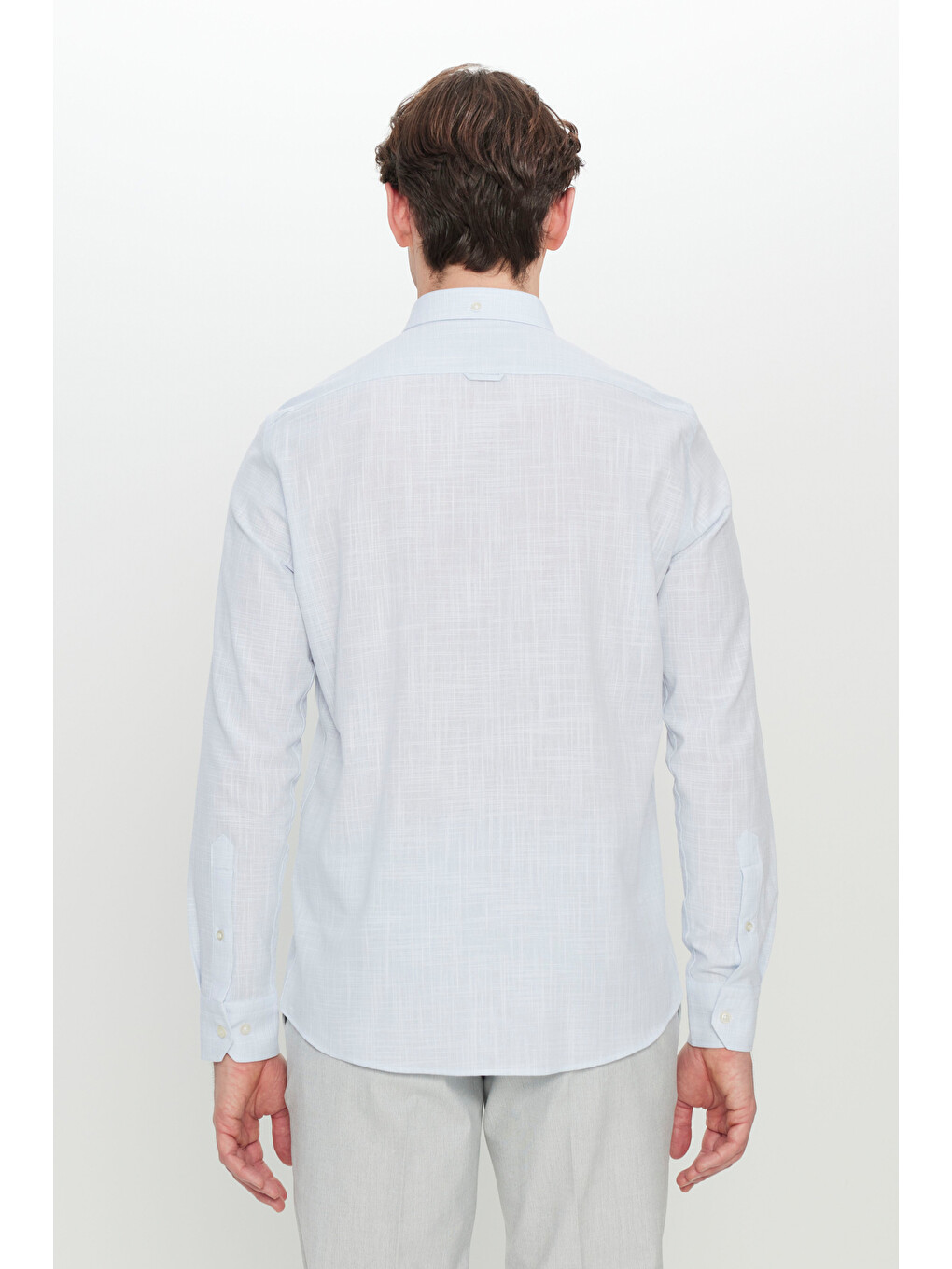 Erkek Mavi %100 Pamuk Slim Fit Düğmeli Yaka Armürlü Flamlı Gömlek-4