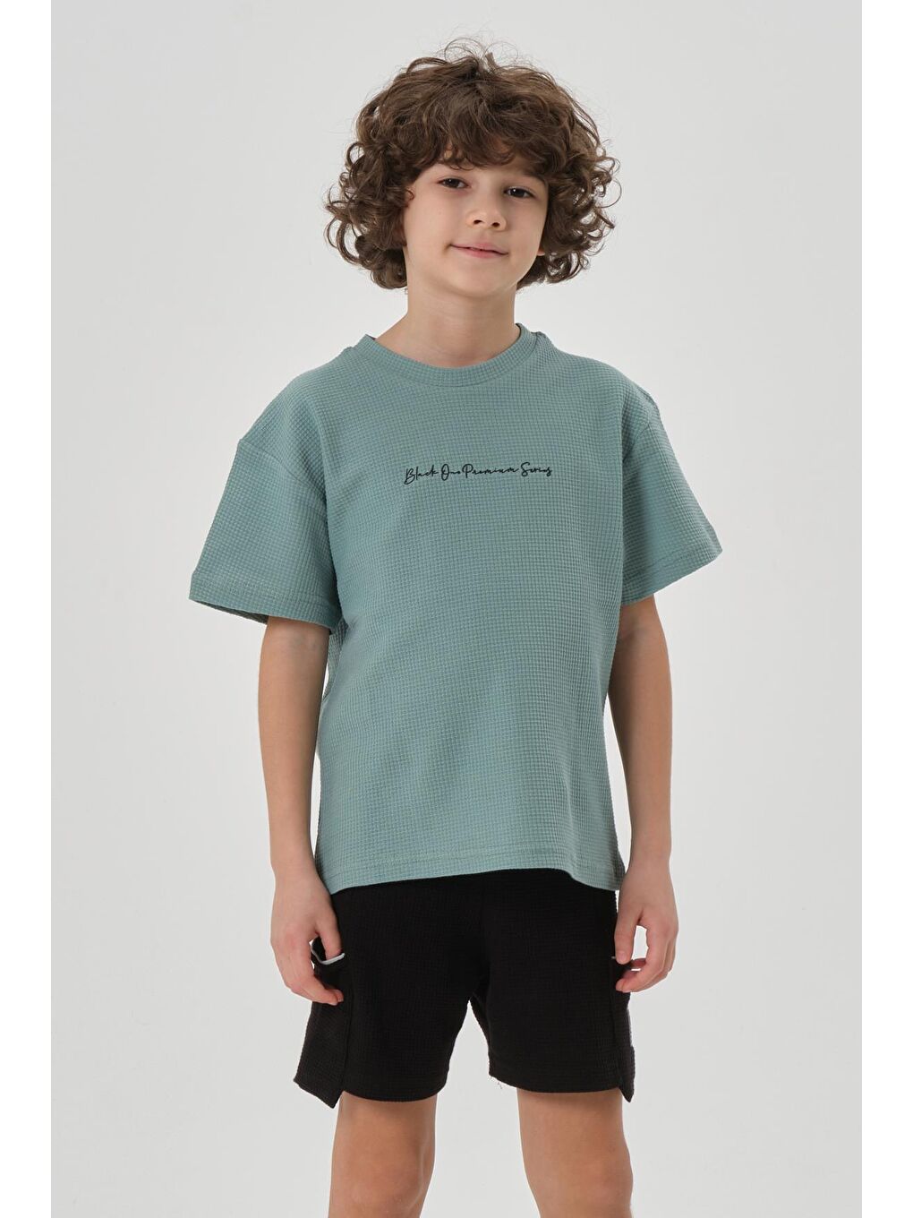 Yeşil Erkek Çocuk Waffle Kumaş Yazlık T-Shırt