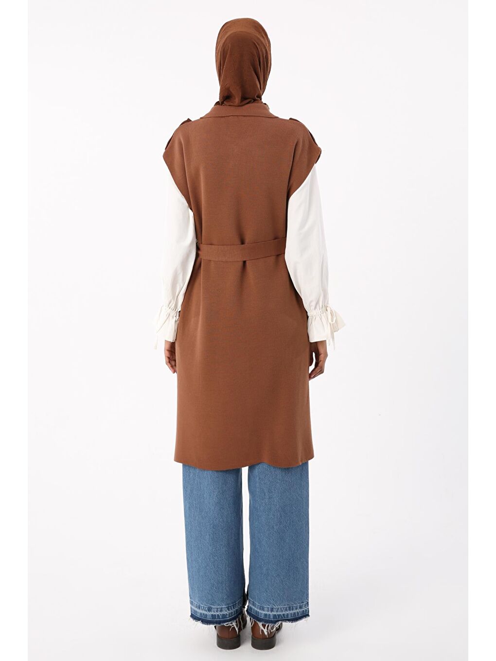 Kahverengi Kahve Gömlek Yaka Kuşaklı Triko Yelek-3