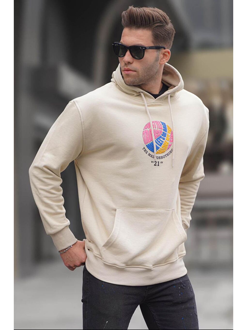 Madmext Bej Kabartma Baskılı Kapüşonlu Sweatshirt 6042