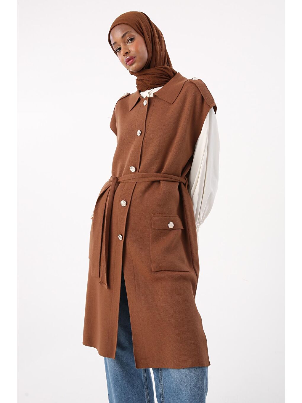 Kahverengi Kahve Gömlek Yaka Kuşaklı Triko Yelek-4