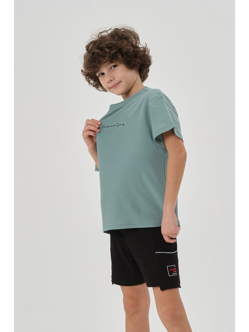 Yeşil Erkek Çocuk Waffle Kumaş Yazlık T-Shırt-1
