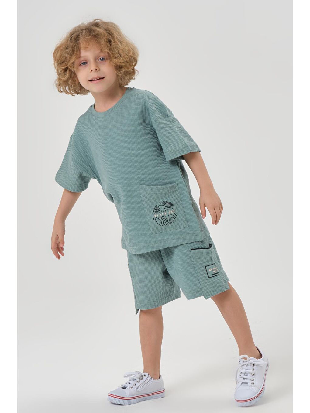 Yeşil Erkek Çocuk Penye Waffle Kumaş Alt Üst Takım-1