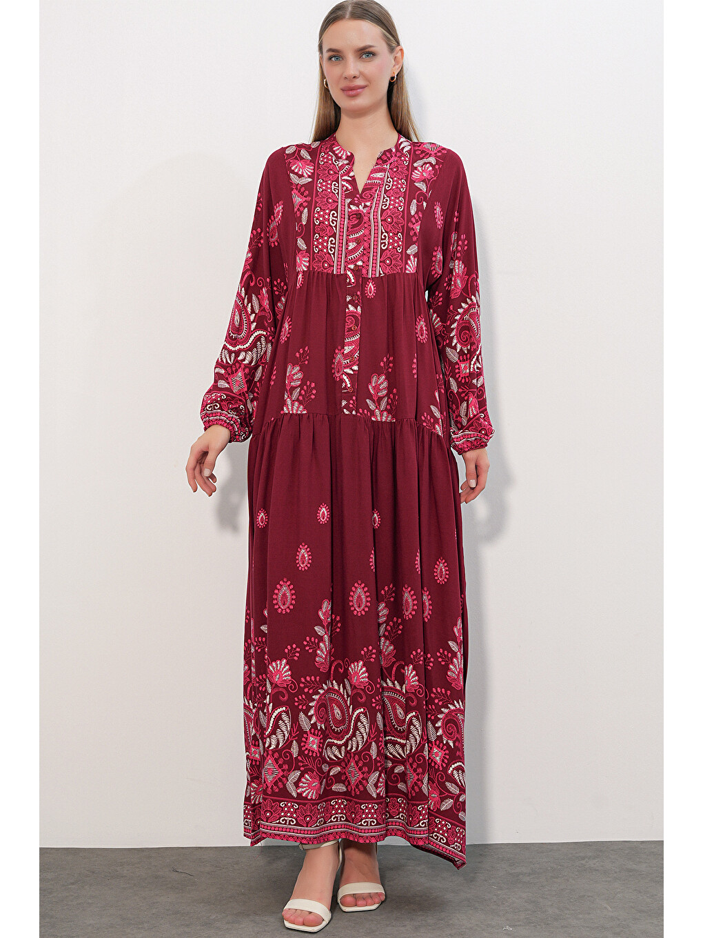 Kadın Desenli Uzun Tesettür Elbise 2585 - C. Bordo-1