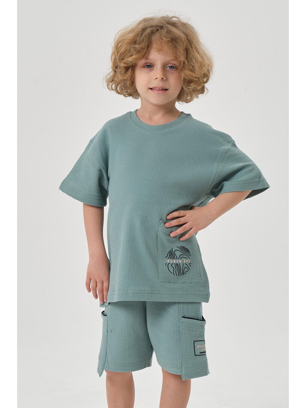 Yeşil Erkek Çocuk Penye Waffle Kumaş Alt Üst Takım-2