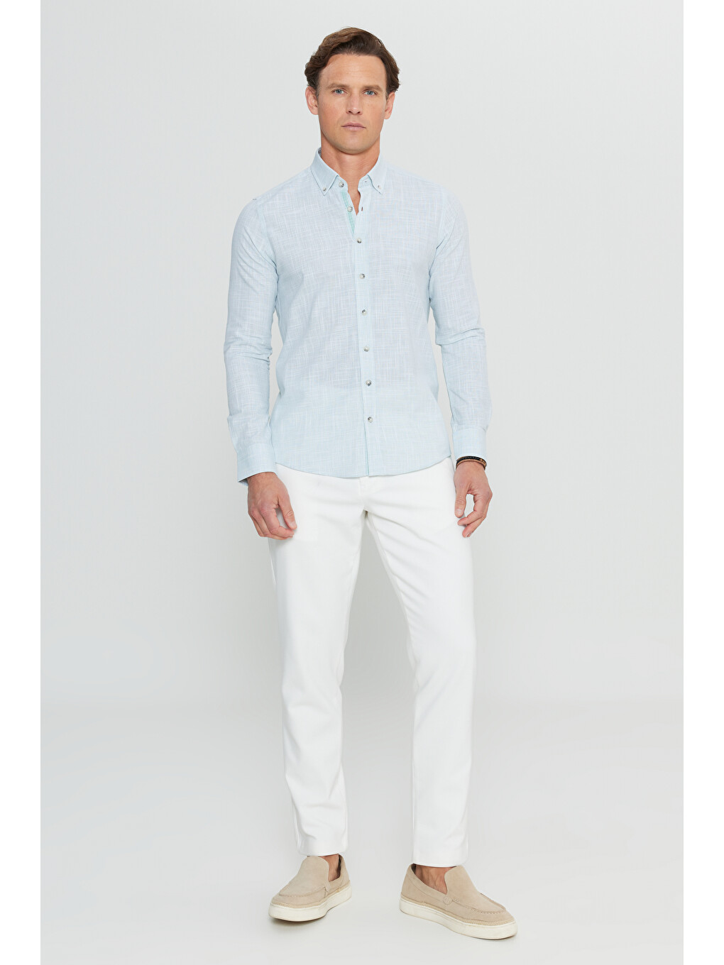 Erkek Haki %100 Pamuk Slim Fit Düğmeli Yaka Armürlü Flamlı Gömlek-1