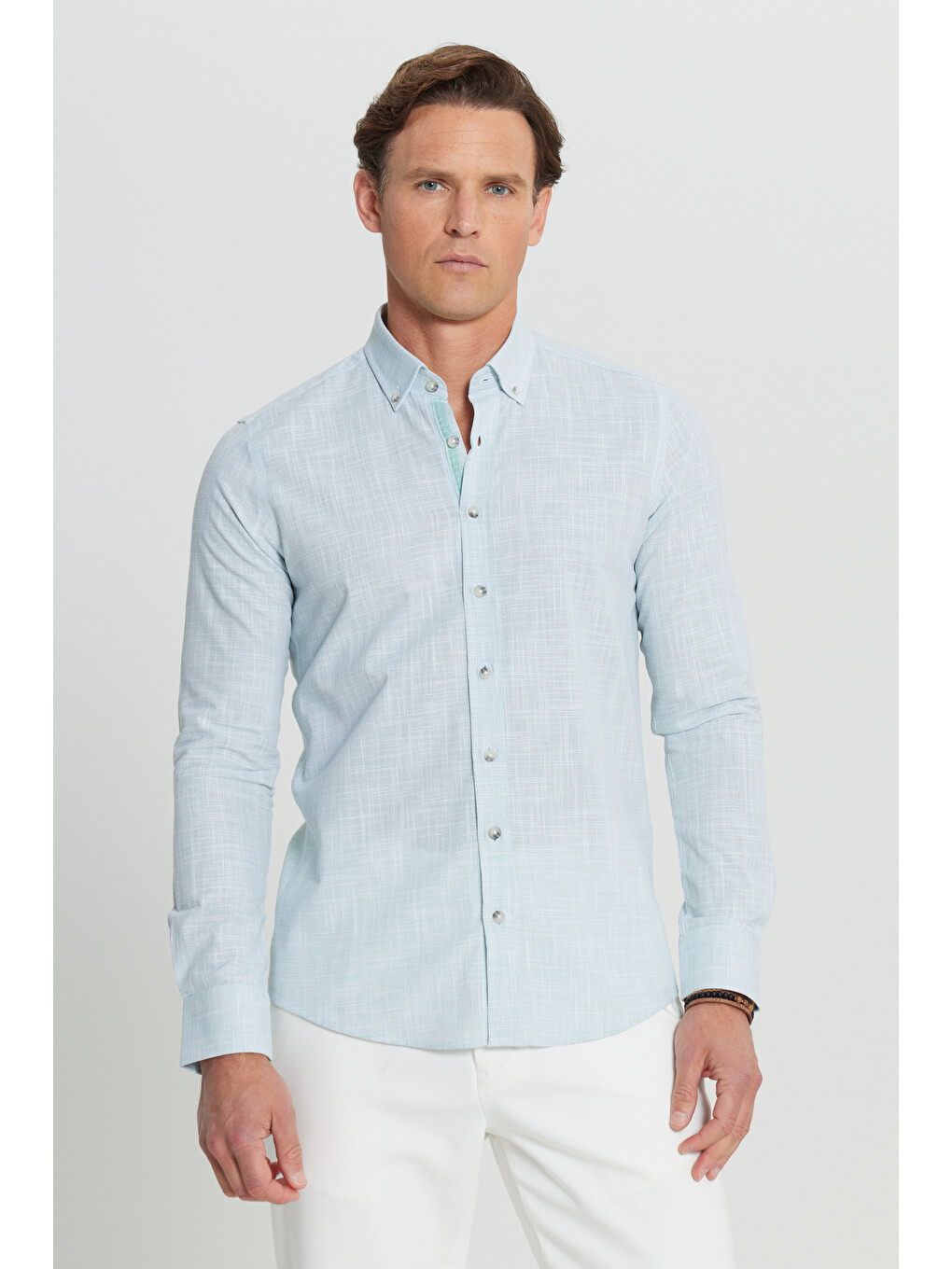 Erkek Haki %100 Pamuk Slim Fit Düğmeli Yaka Armürlü Flamlı Gömlek-2