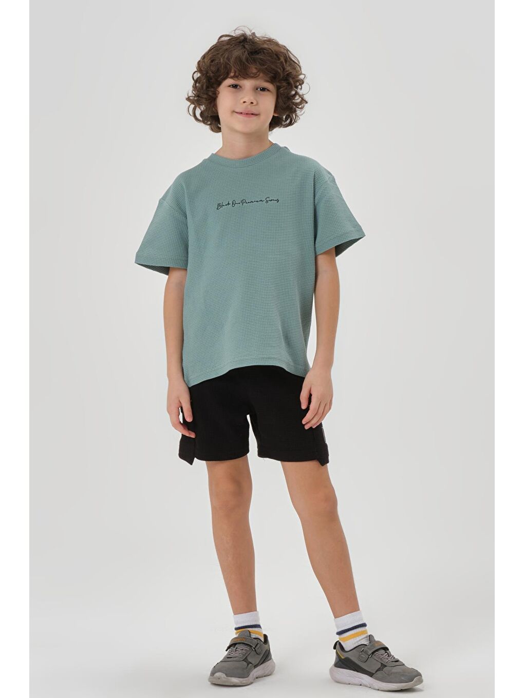 Yeşil Erkek Çocuk Waffle Kumaş Yazlık T-Shırt-4