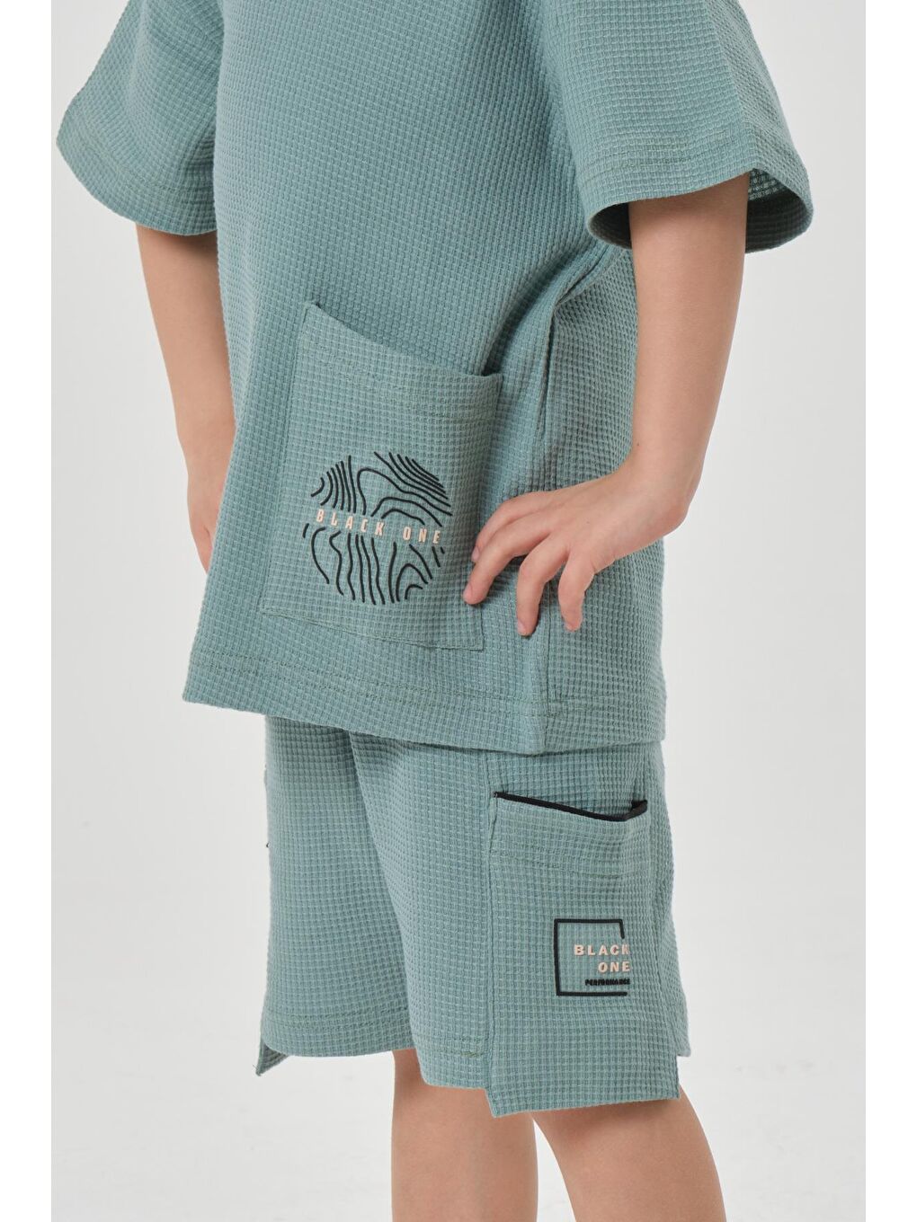 Yeşil Erkek Çocuk Penye Waffle Kumaş Alt Üst Takım-4