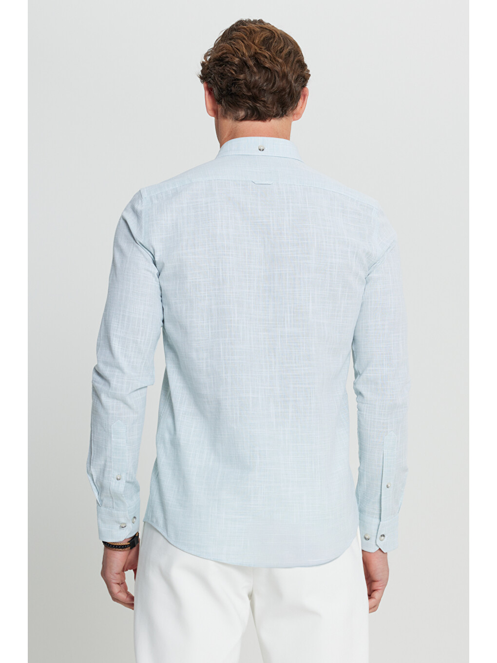 Erkek Haki %100 Pamuk Slim Fit Düğmeli Yaka Armürlü Flamlı Gömlek-4