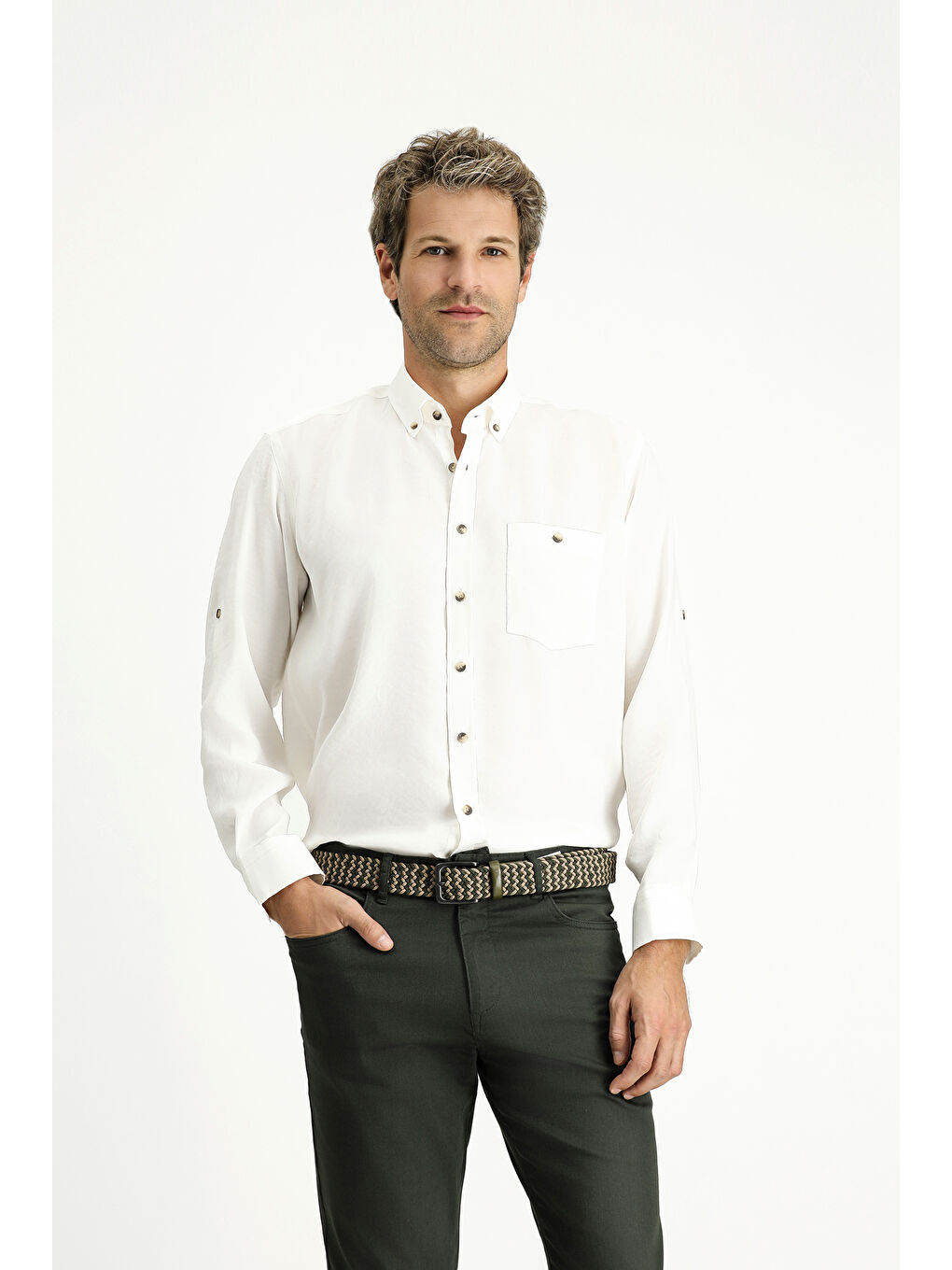 Ekru Uzun Kol Regular Fit Düğmeli Yaka Spor Gömlek