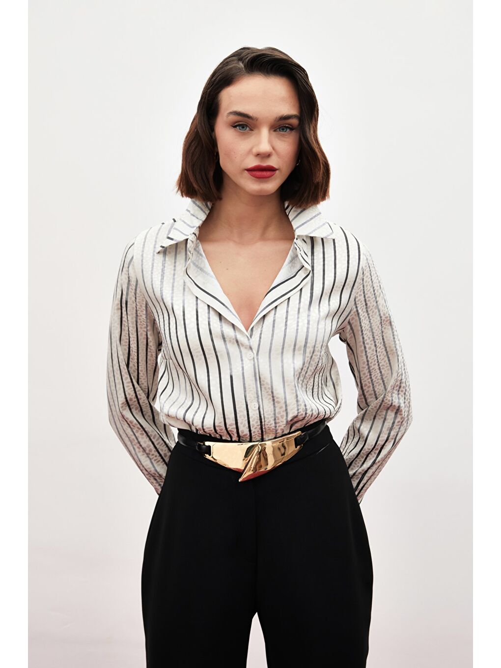 SATEEN Çizgili Klasik Gömlek - Siyah - 2
