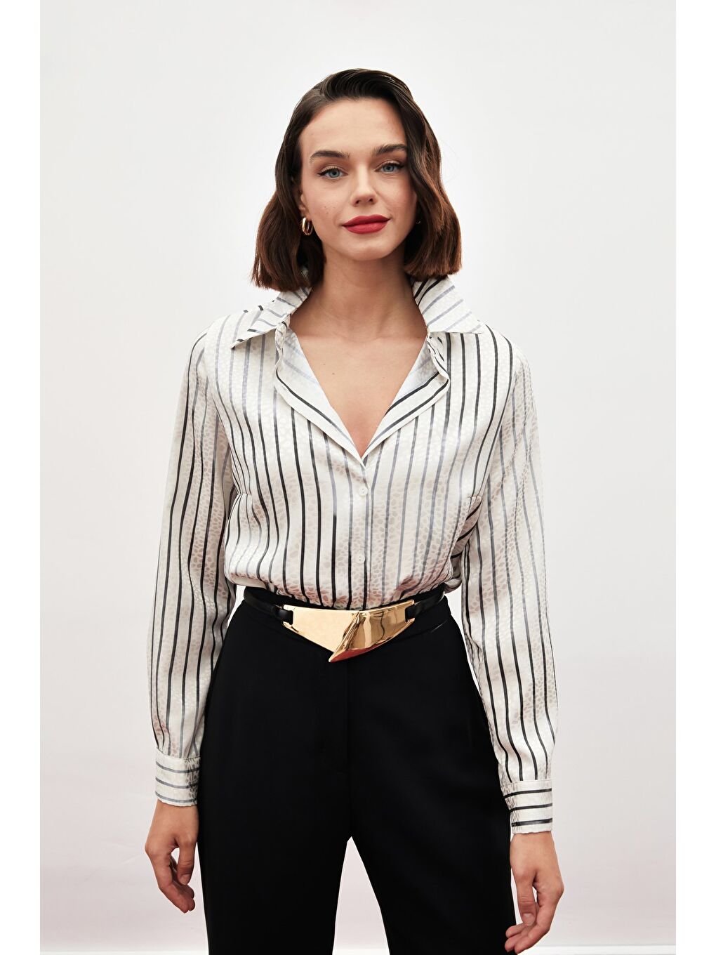 SATEEN Çizgili Klasik Gömlek - Siyah - 3