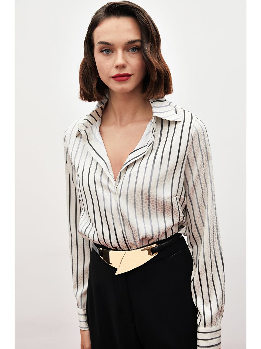 SATEEN Çizgili Klasik Gömlek - Siyah - 4
