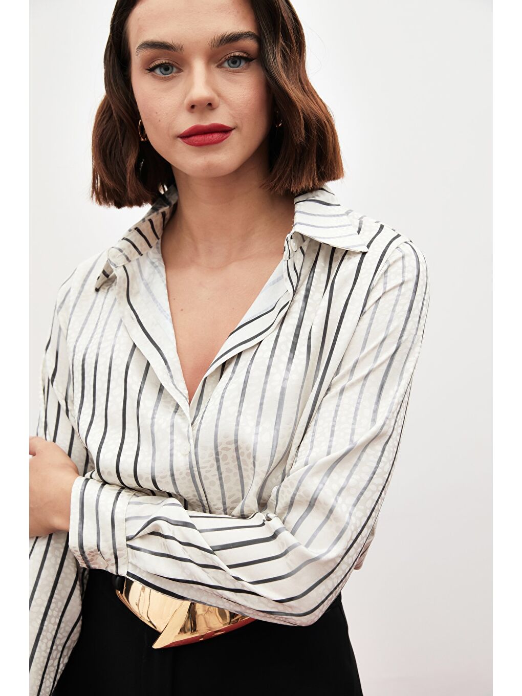 SATEEN Çizgili Klasik Gömlek - Siyah - 5