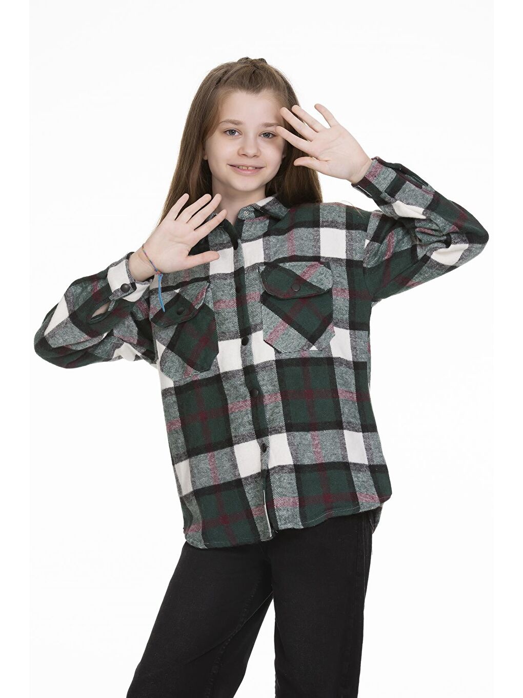 Yeşil Kız Çocuk Ekose Gömlek 9-14 Yaş Lx148-1