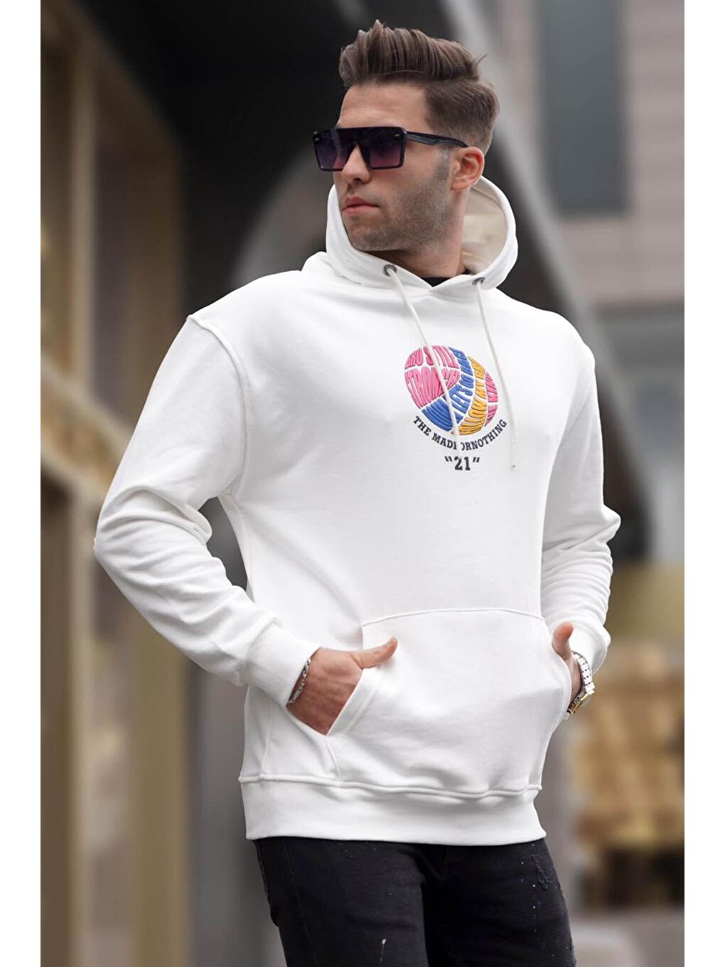Ekru Kabartma Baskılı Kapüşonlu Erkek Hoodie 6042