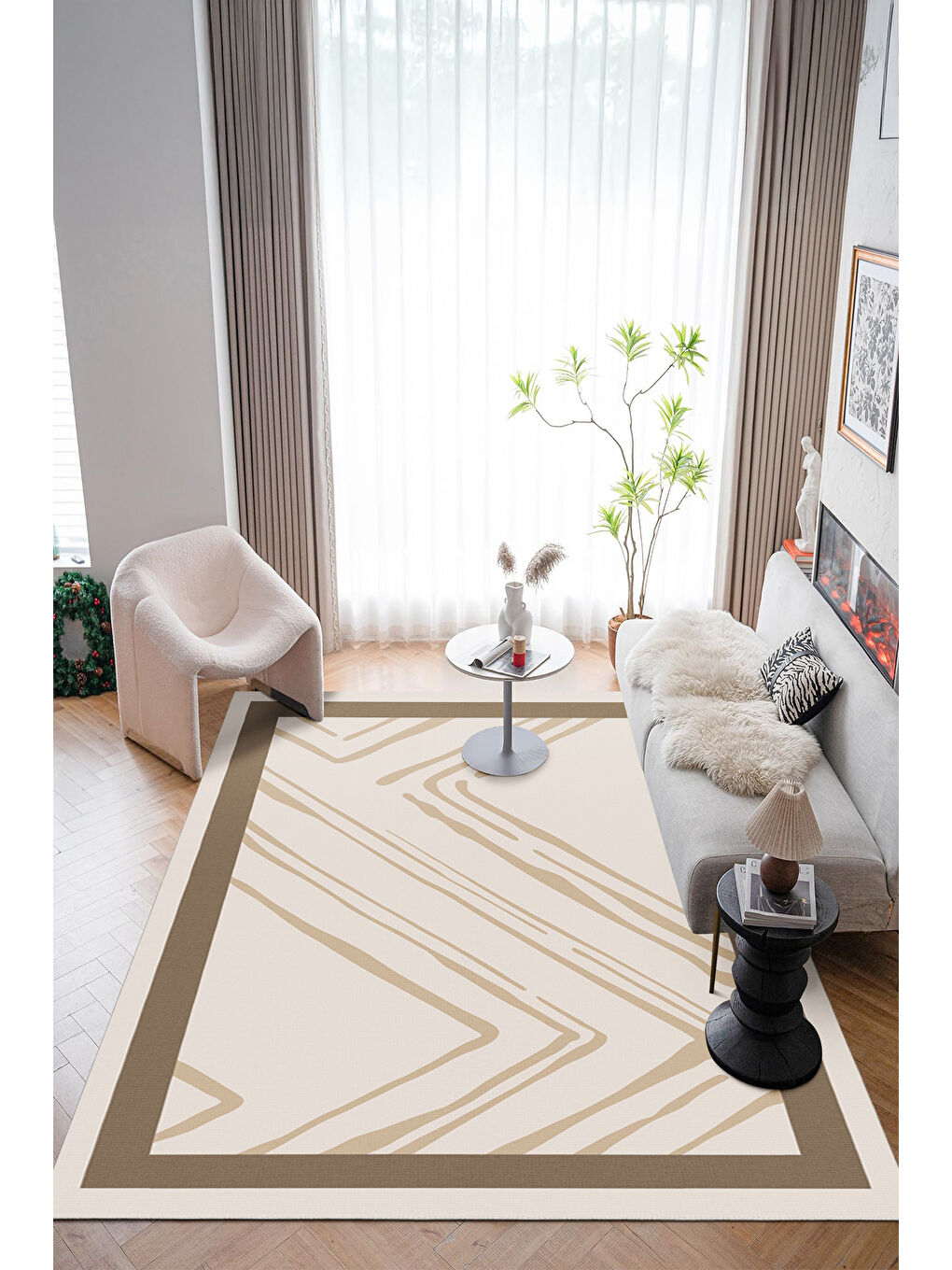 Bej Modern Dekoratif Yıkanabilir Kaymaz Taban Halı – İnce, Yumuşak Salon Halısı, Mutfak Halısı ve Yolluk-2
