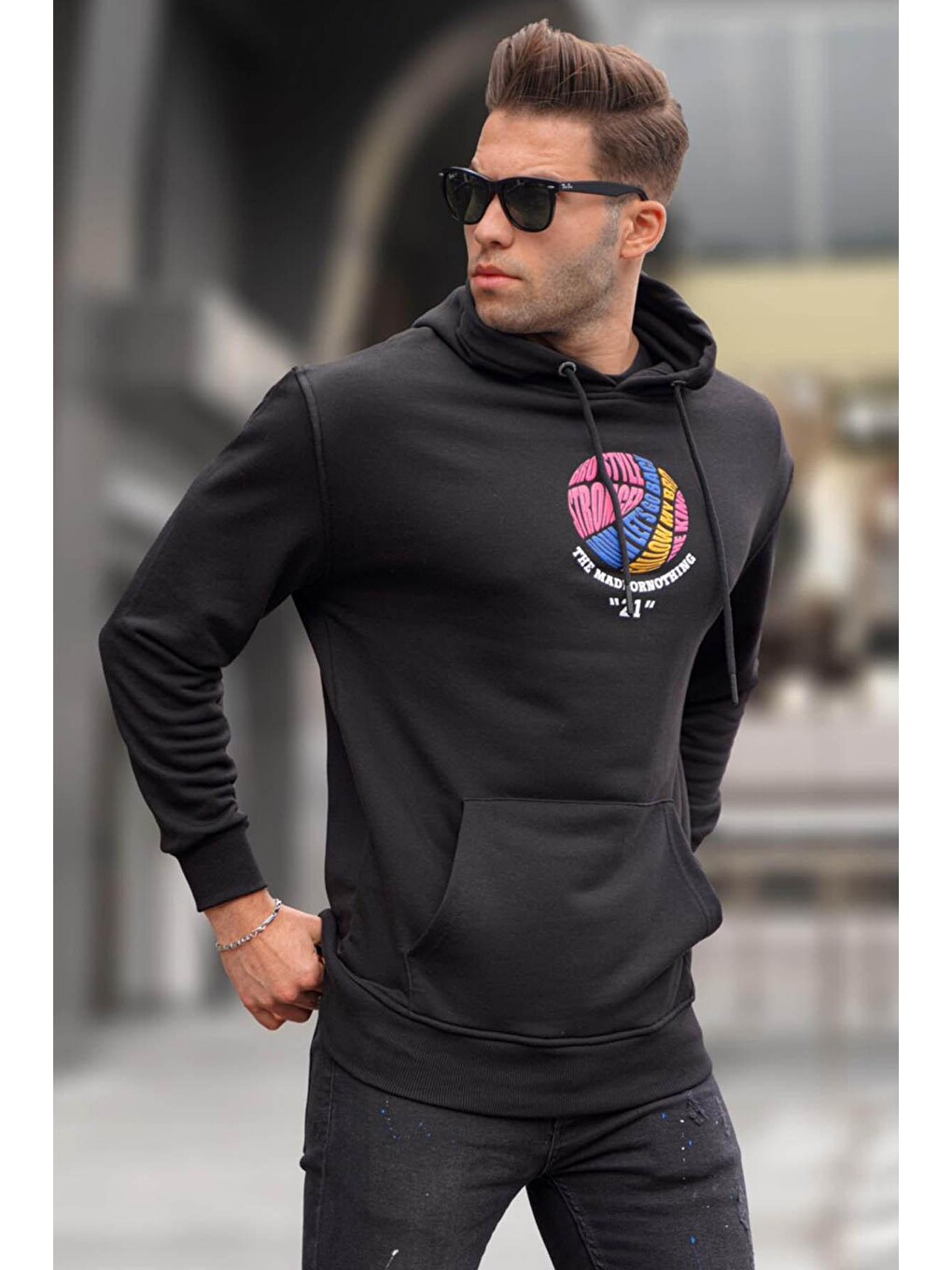 Siyah Kabartma Baskılı Kapüşonlu Sweatshirt 6042