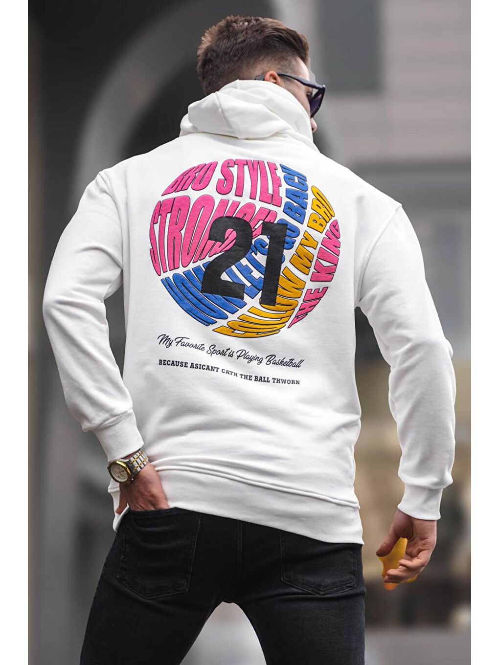 Ekru Kabartma Baskılı Kapüşonlu Erkek Hoodie 6042-1