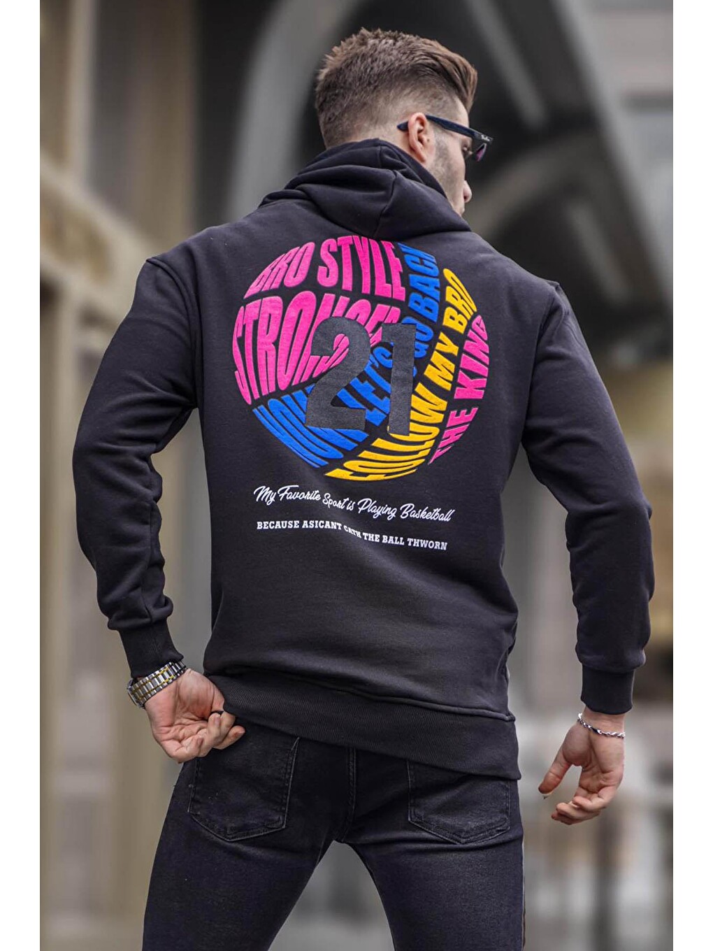 Siyah Kabartma Baskılı Kapüşonlu Sweatshirt 6042-1