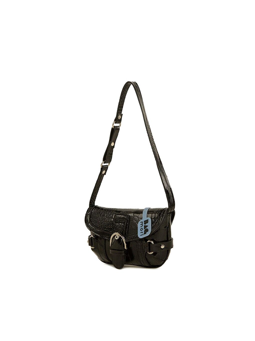 Siyah Kemerli Aksesuarlı Parlak Kroko Çanta-1