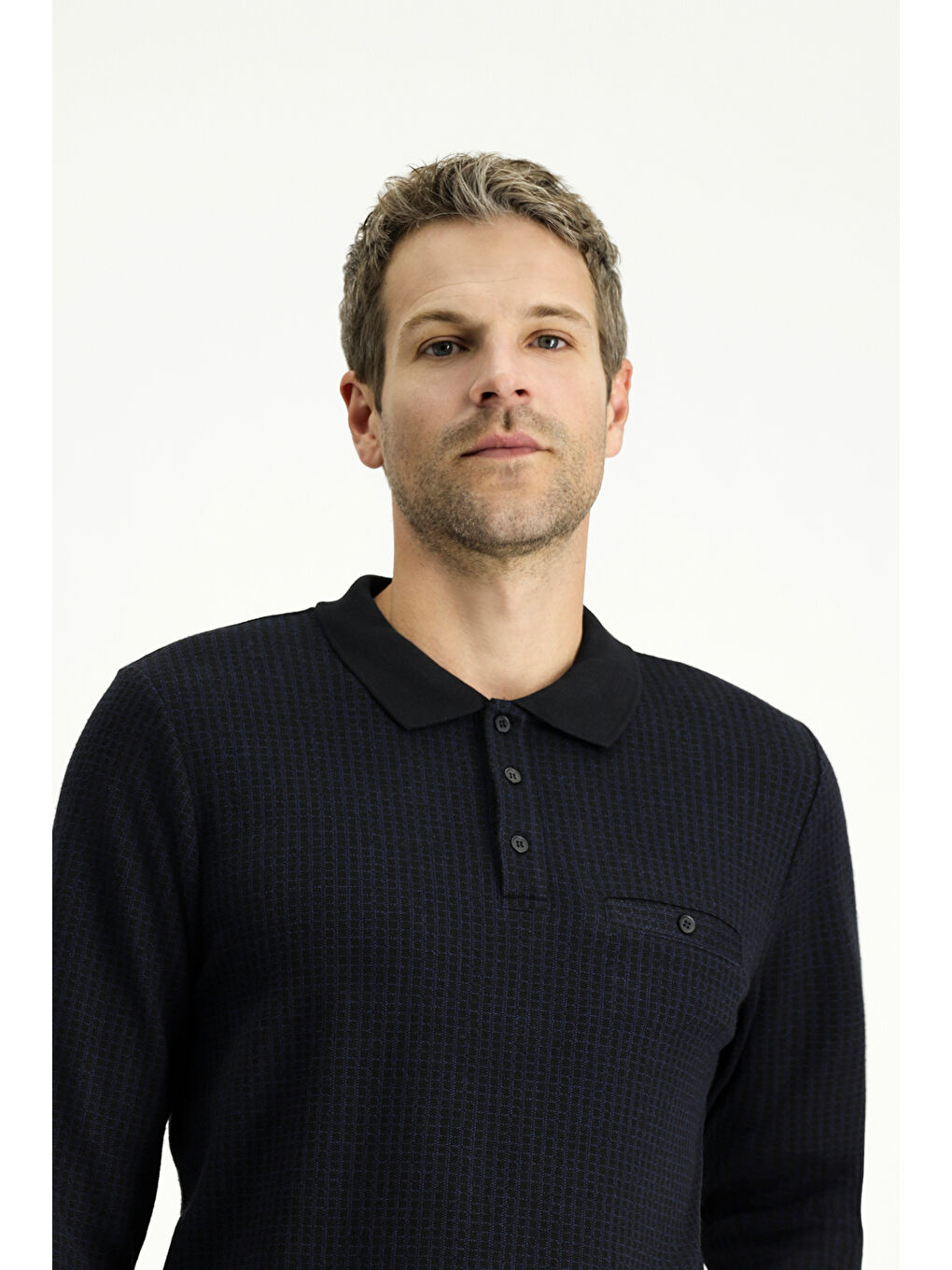 Lacivert Polo Yaka Regular Fit Desenli Sweatshirt-2