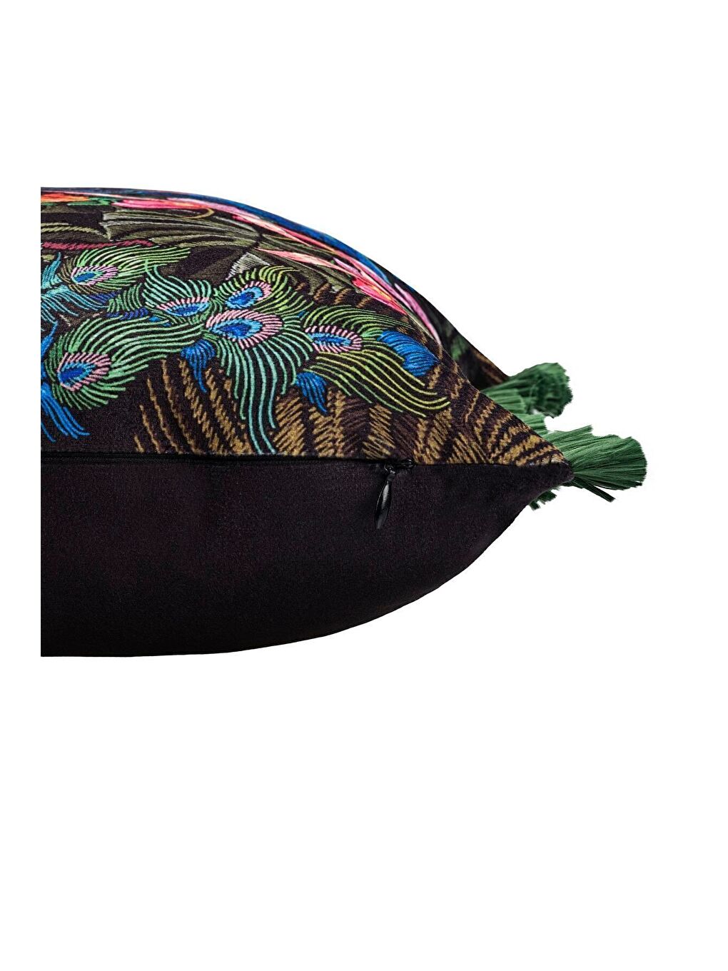 Lüks Kadife 43x43 Cm Kırlent Kılıfı Dekoratif Avangart Saçaklı Yeşil Siyah-1