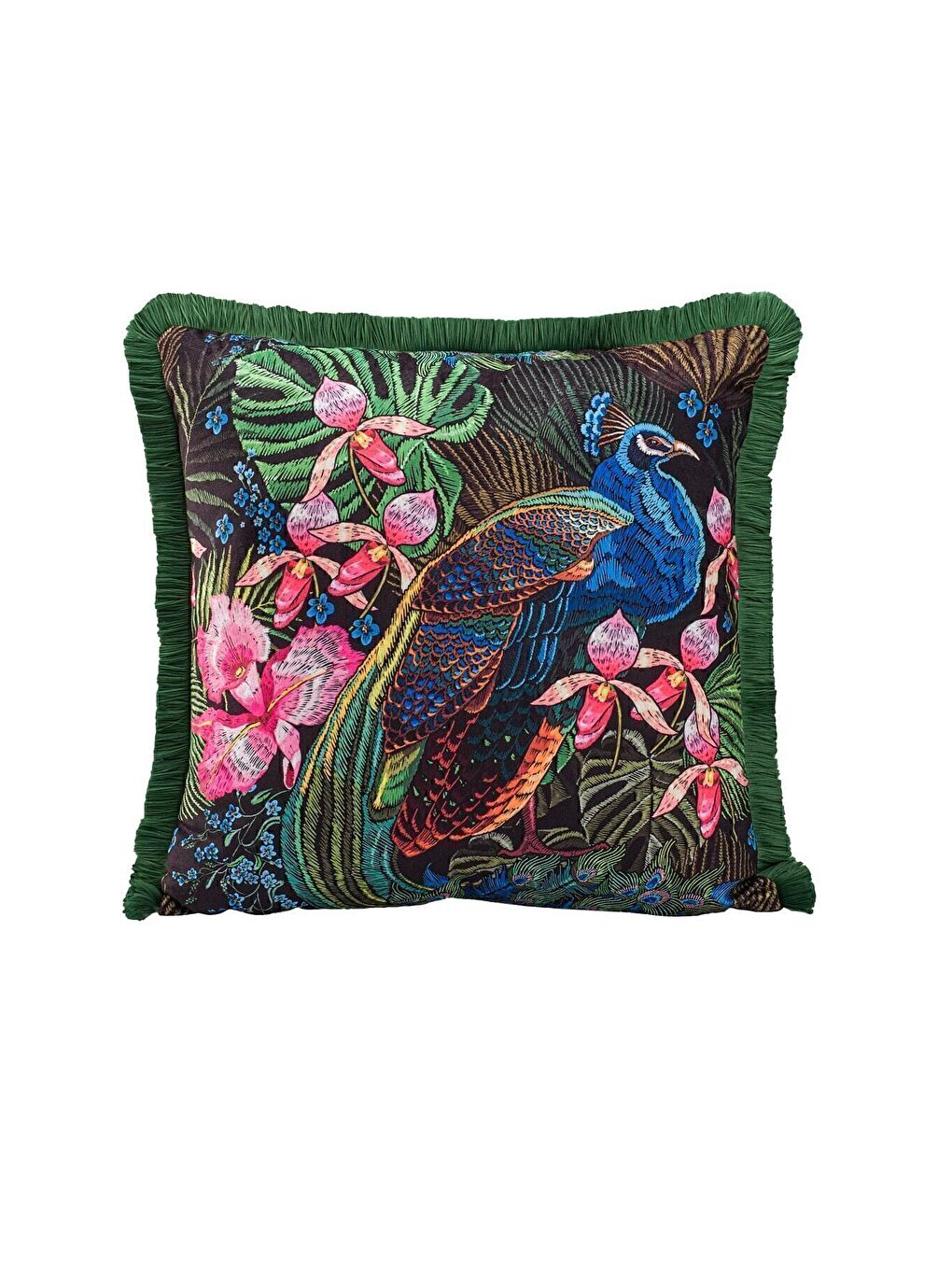 Lüks Kadife 43x43 Cm Kırlent Kılıfı Dekoratif Avangart Saçaklı Yeşil Siyah-2