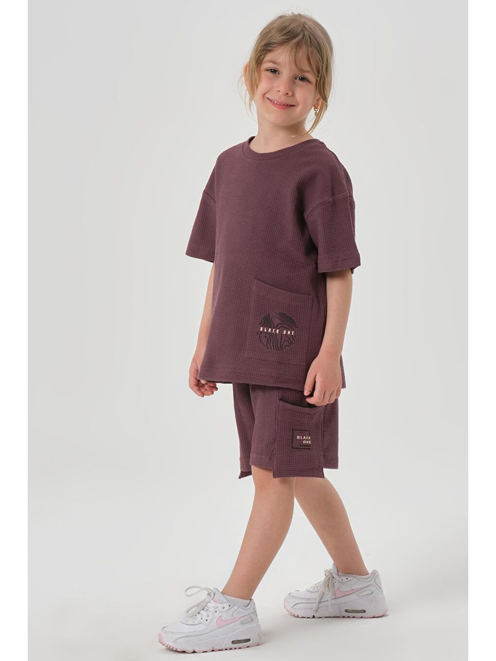 Mürdüm Kız Çocuk Waffle Kumaş Alt Üst Takım-1