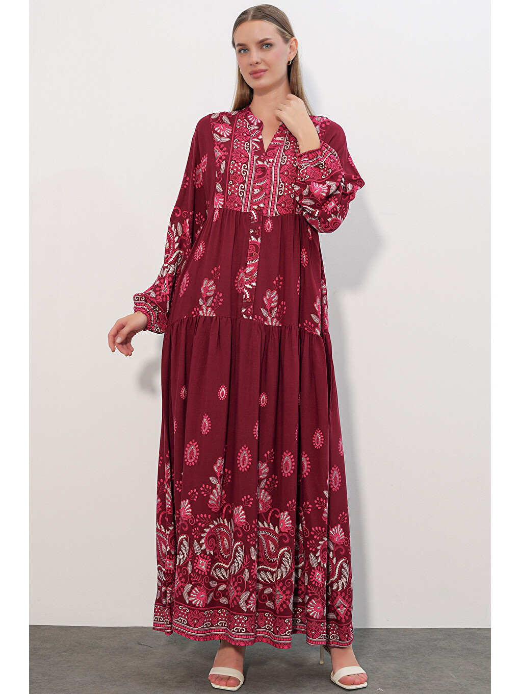 Kadın Desenli Uzun Tesettür Elbise 2585 - C. Bordo-2