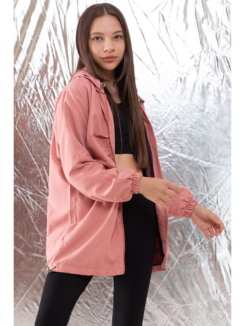 Pembe Kapüşonlu Fermuarlı Kız Çocuk Paraşüt Hırka 18497-1