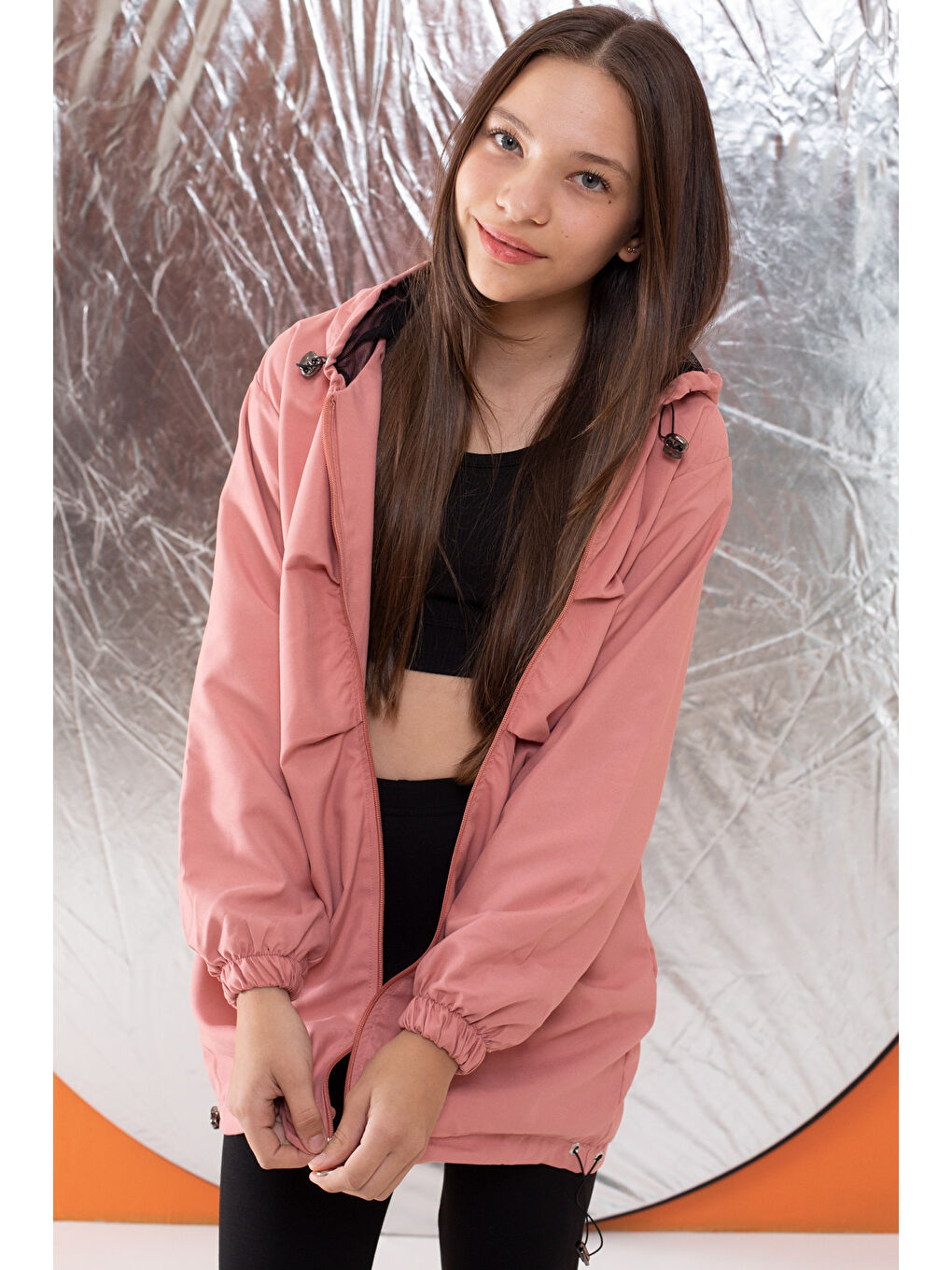 Pembe Kapüşonlu Fermuarlı Kız Çocuk Paraşüt Hırka 18497-2