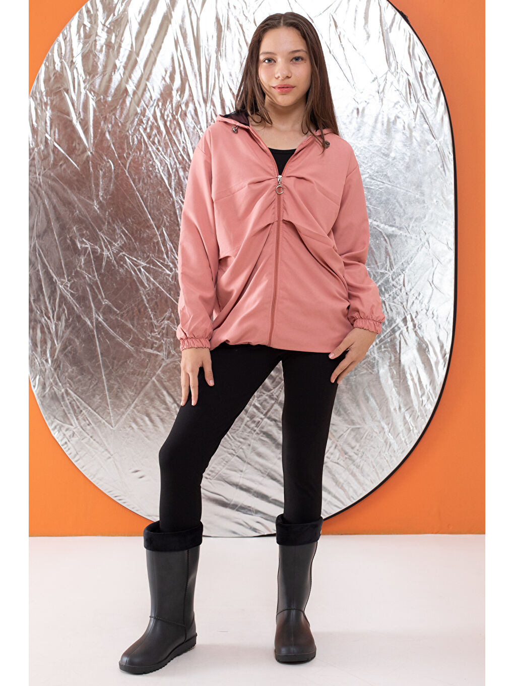 Pembe Kapüşonlu Fermuarlı Kız Çocuk Paraşüt Hırka 18497-3