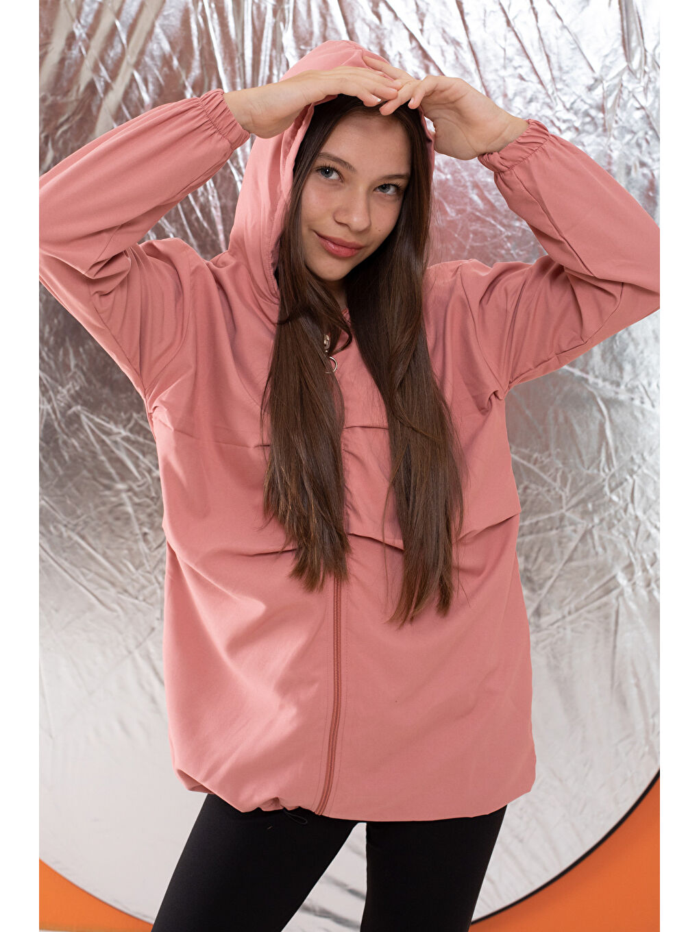 Pembe Kapüşonlu Fermuarlı Kız Çocuk Paraşüt Hırka 18497-4