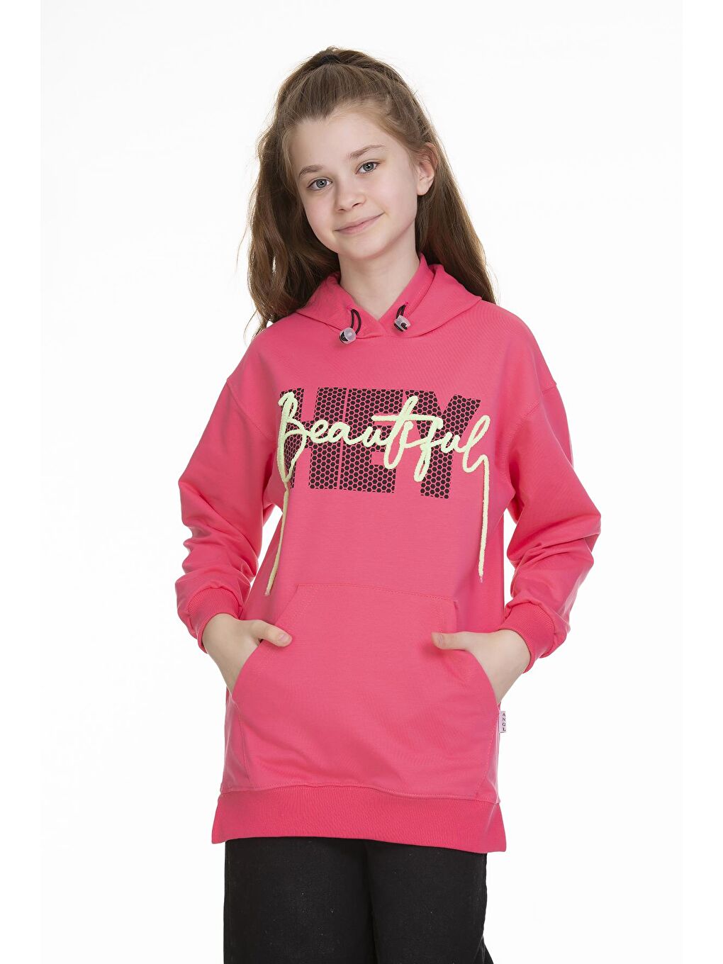 Pembe Kız Çocuk Kapüşonlu Kanguru Cepli Sweat 9-14 Yaş Lx154