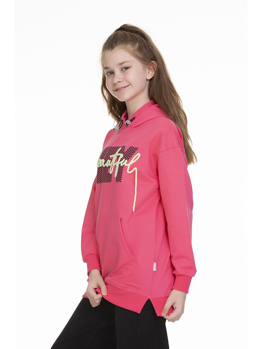 Pembe Kız Çocuk Kapüşonlu Kanguru Cepli Sweat 9-14 Yaş Lx154-1