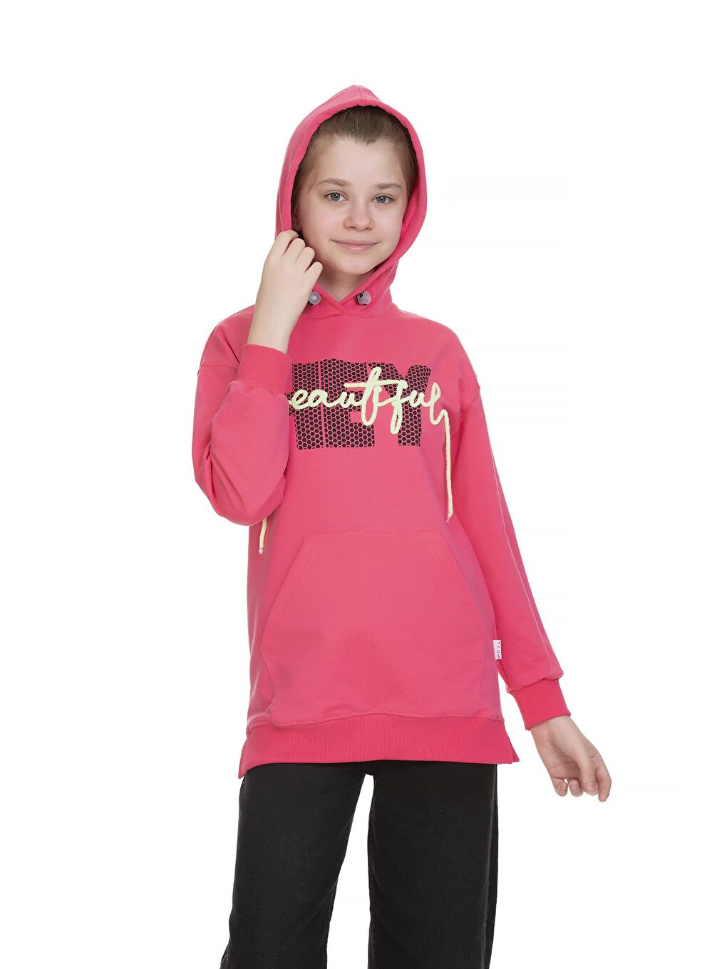 Pembe Kız Çocuk Kapüşonlu Kanguru Cepli Sweat 9-14 Yaş Lx154-2