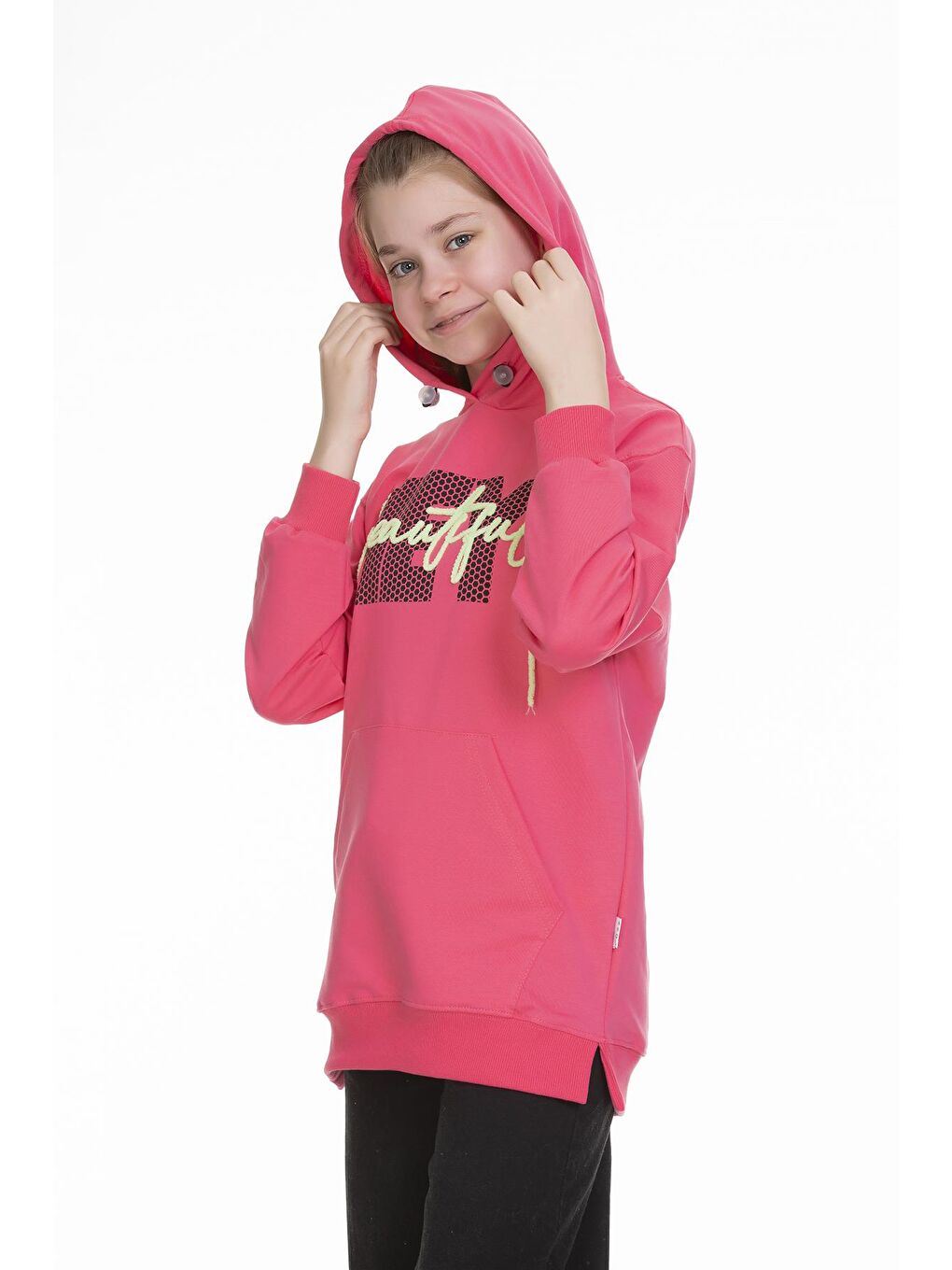 Pembe Kız Çocuk Kapüşonlu Kanguru Cepli Sweat 9-14 Yaş Lx154-3