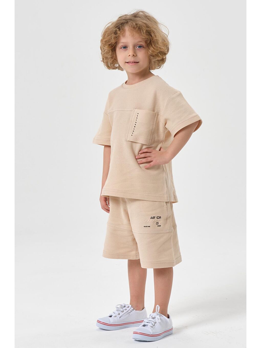 Bej Erkek Çocuk Şort Bisiklet Yaka Üst Takım