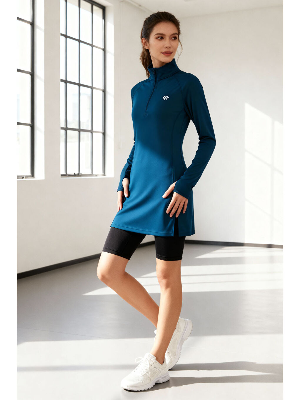 İndigo Yarım Fermuarlı Dik Yaka Standart Kalıp Kadın Sporcu Tunik - 97309-3