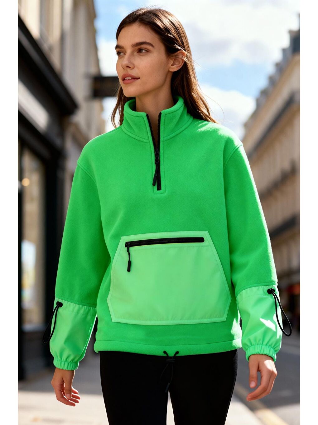 Neon Yeşil Etek Ucu Büzgülü Yarım Fermuarlı Oversize Kadın Polar Sweatshirt - 97238