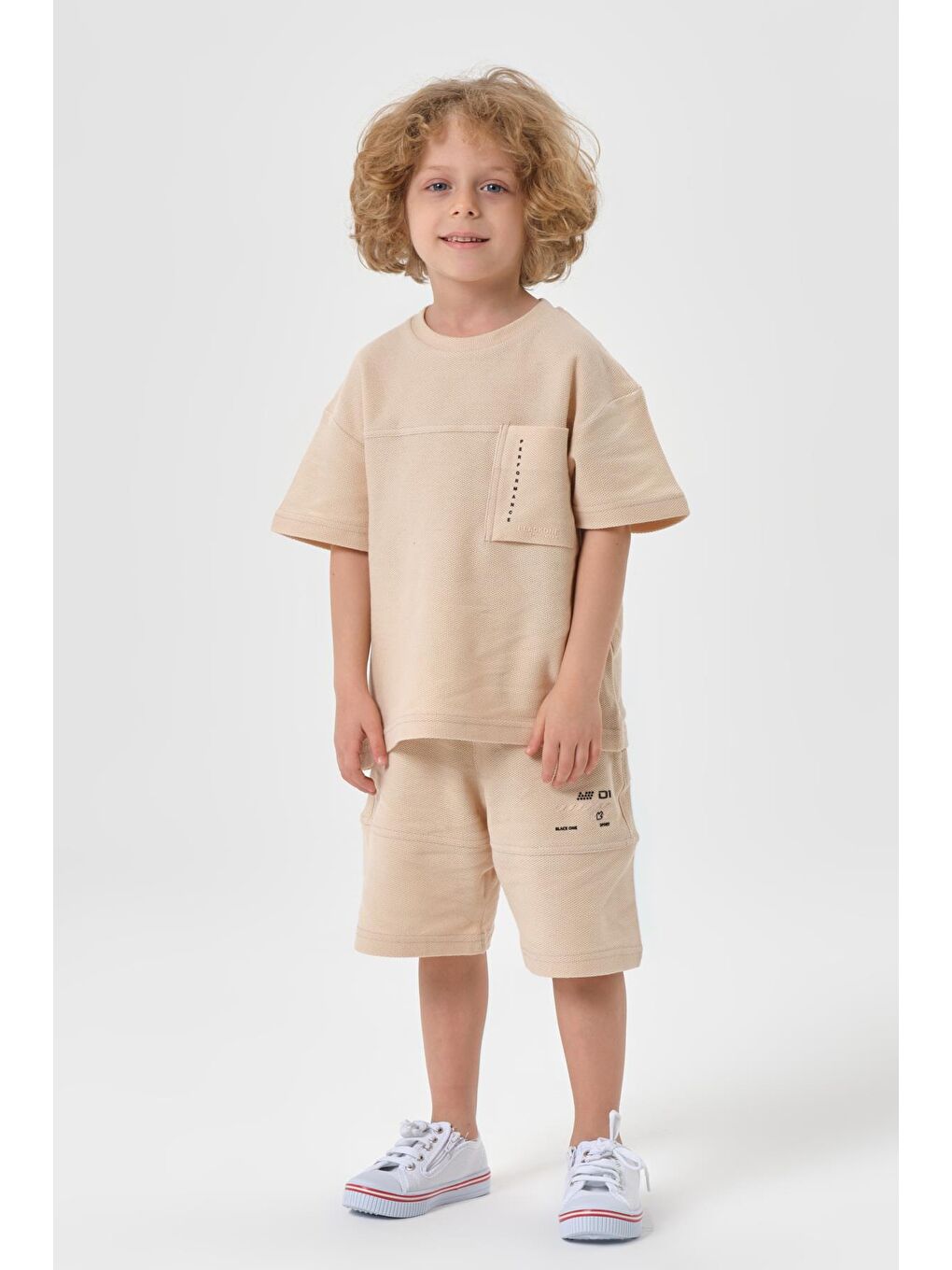 Bej Erkek Çocuk Şort Bisiklet Yaka Üst Takım-1