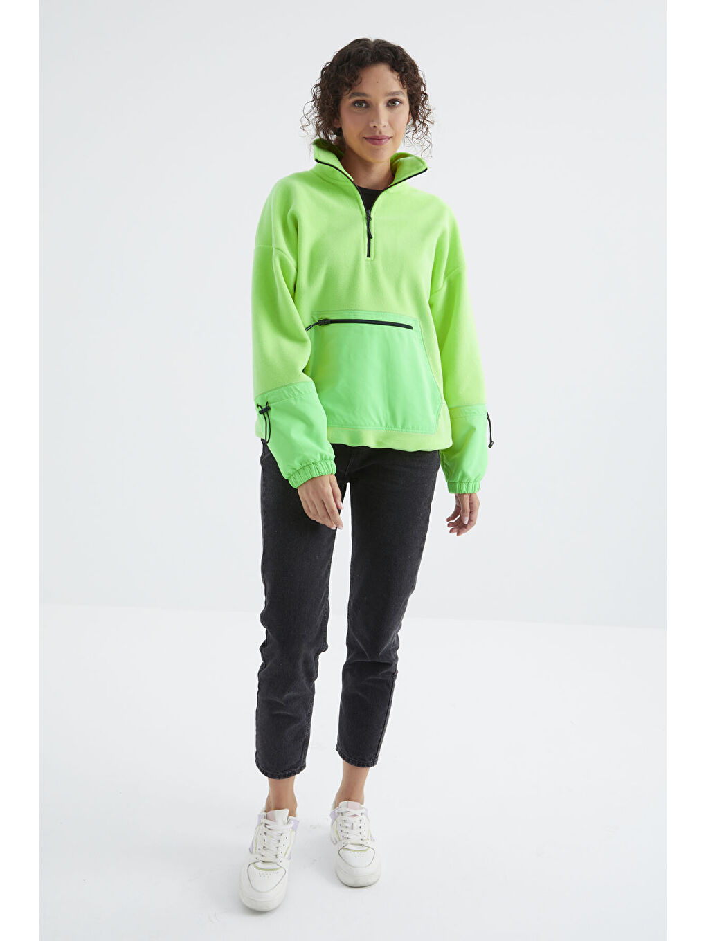 Neon Yeşil Etek Ucu Büzgülü Yarım Fermuarlı Oversize Kadın Polar Sweatshirt - 97238-2