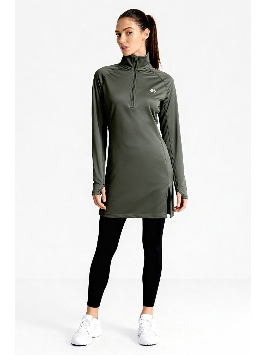 Haki Yarım Fermuarlı Dik Yaka Standart Kalıp Kadın Sporcu Tunik - 97309-2